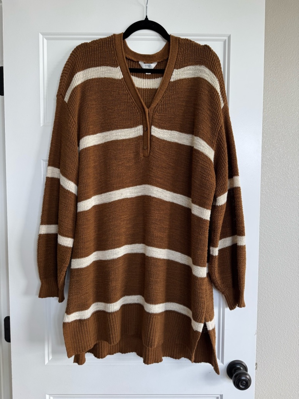 Terra & Sky Tunic Sweater Plus Size 1X Brown Striped Henley Knit Long Oversized